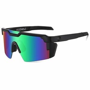 US NIB Large Shield Rimless Sunglasses Z87 Black Frame Flash Green Mirror Lens